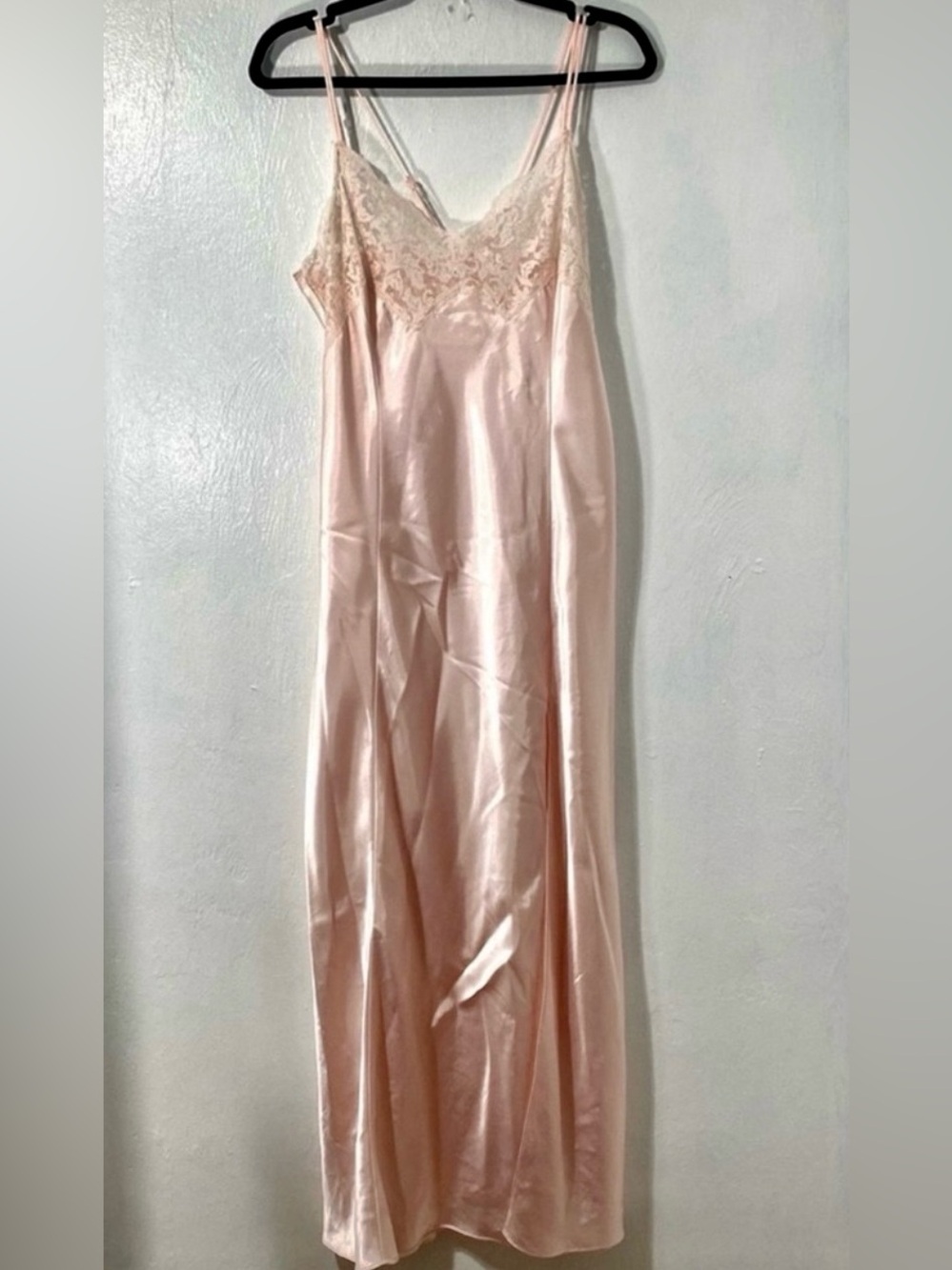 Vintage 90s Victoria’s Secret  Pink Maxi Satin Slip Dress With Cream Lace.Size L